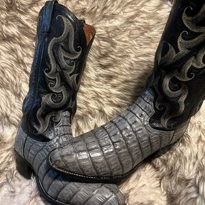 TONY LAMA Men's CAIMAN & Leather Western Boots, lite blue-Sz 9 D